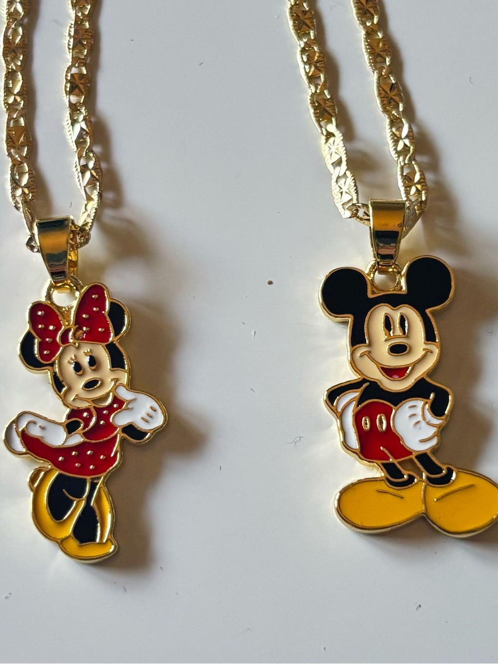 Mickey Minnie Mouse Enamel Pendant Necklace Set Gold Tone Chains Lot of 2